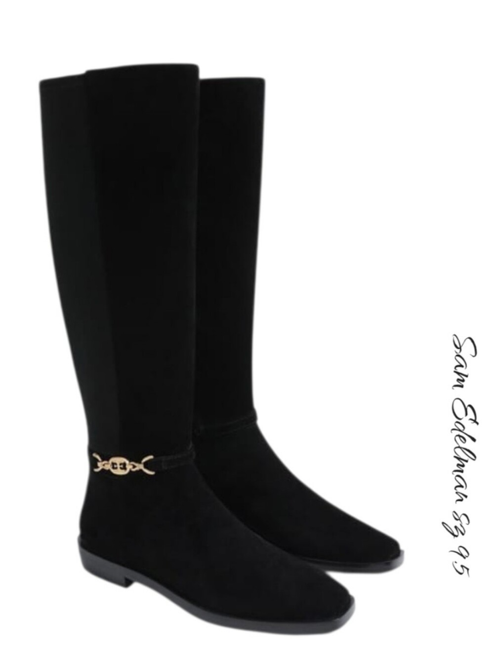 Sam Edelman Clive Embellished Riding Boots Black Suede Knee High Flat 9.5